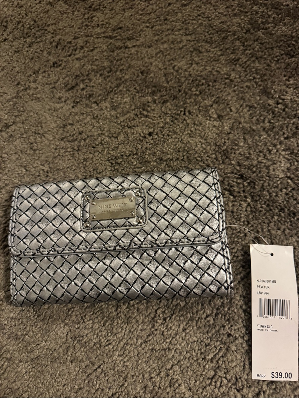 Nine West Metallic Pewter Woven Clutch Wallet